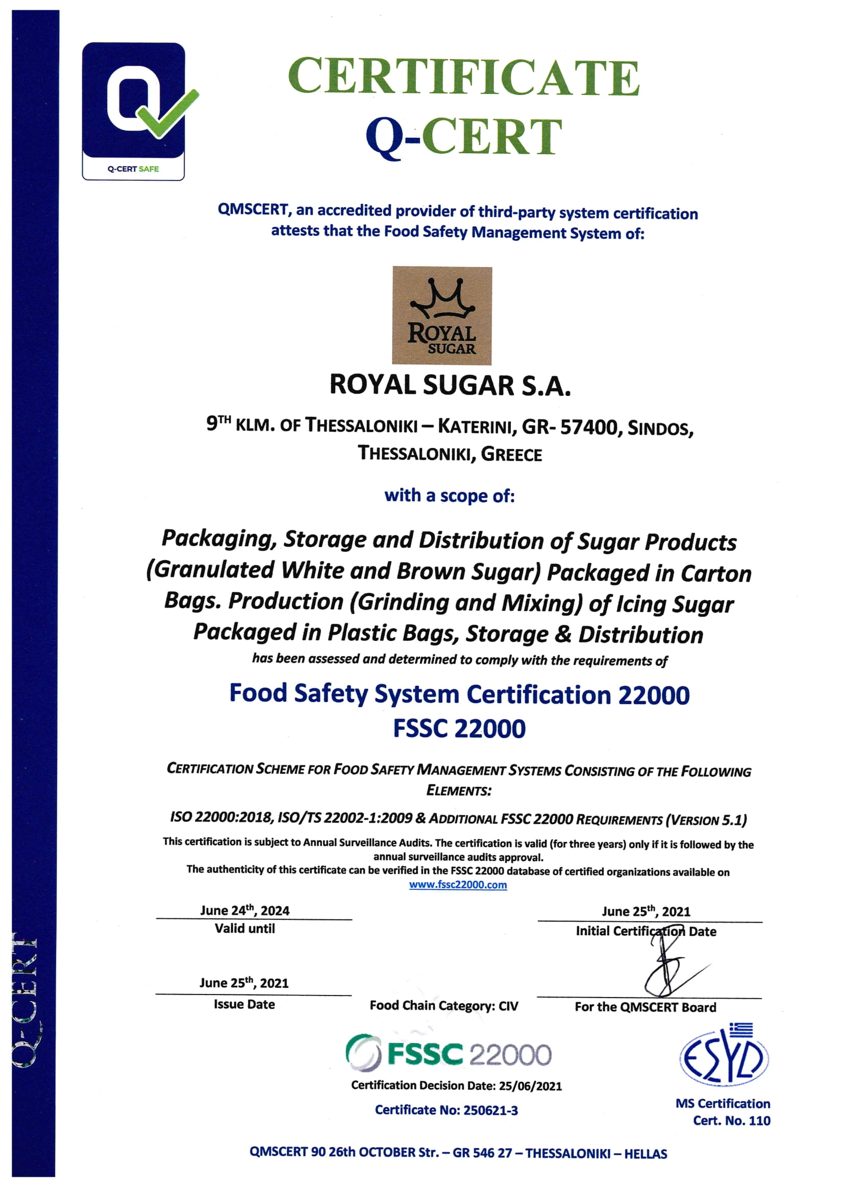 CERTIFICATE ENG ROYAL SUGAR FSSC 22000 1