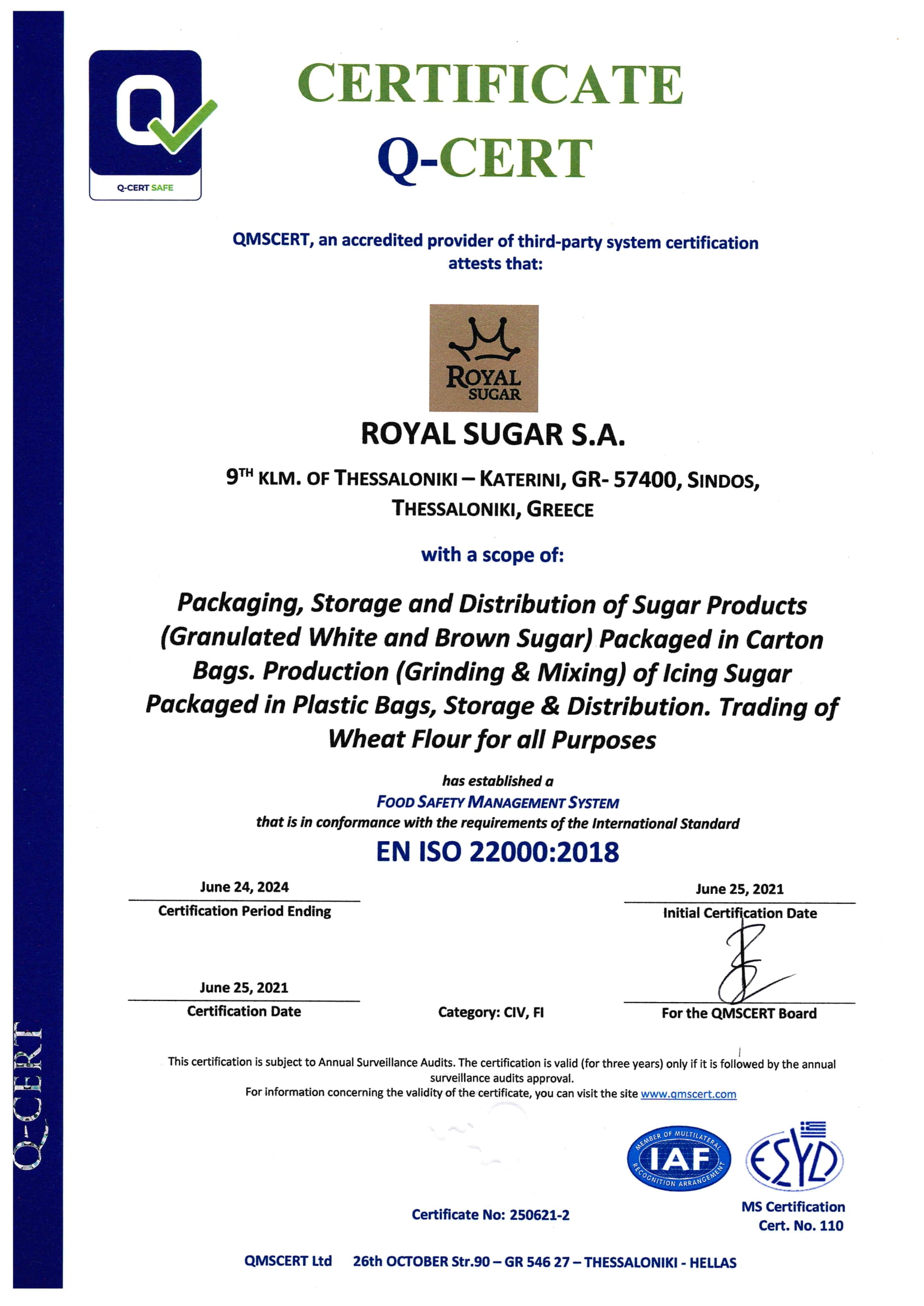 CERTIFICATE ENG ROYAL SUGAR ISO 22000 1